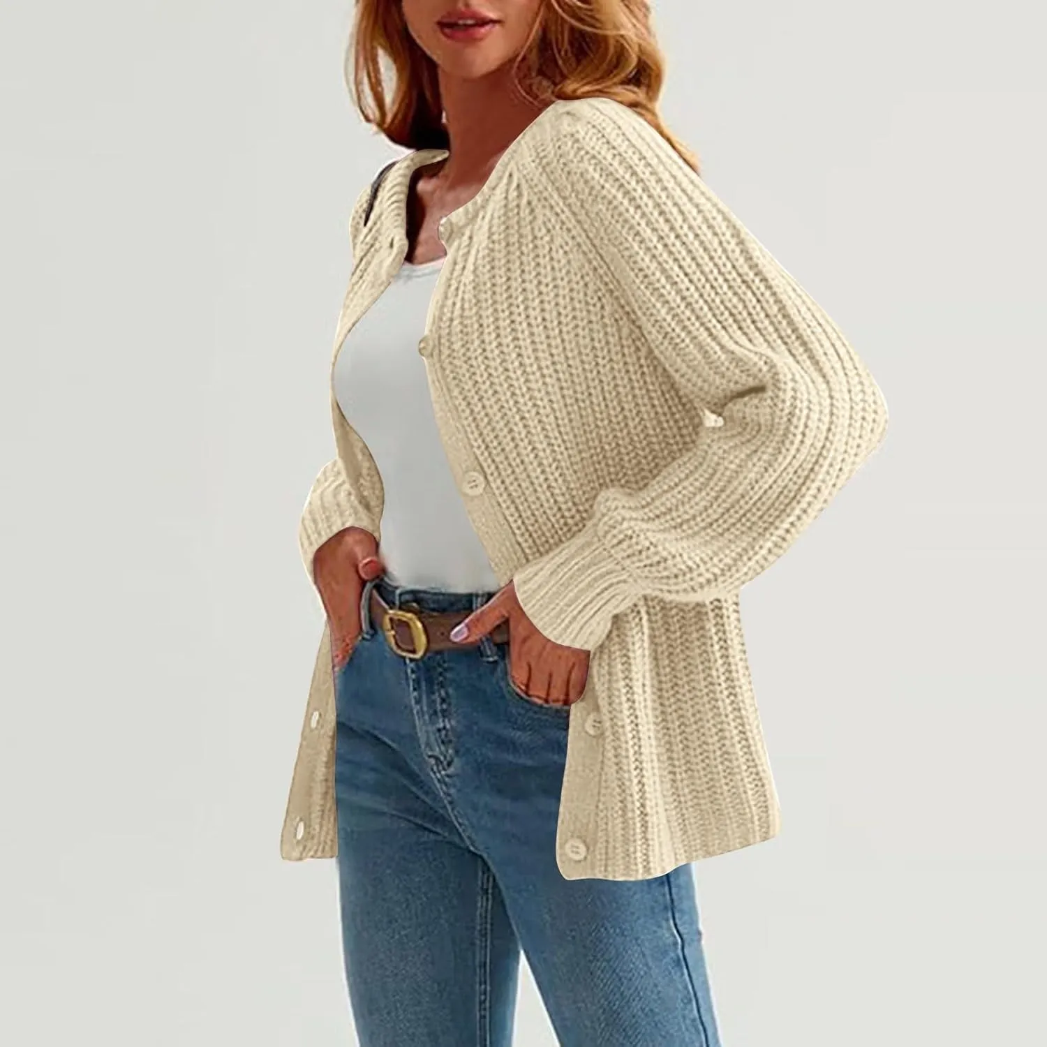 Cardigan Sweaters for Women Long Sleeve Button Chunky Knit Sweater Fall Crew Neck Loose Fit Open Front Cardigan