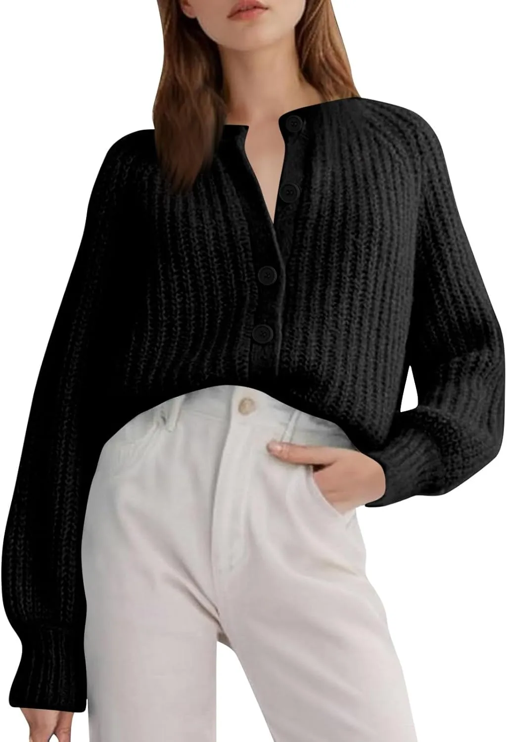 Cardigan Sweaters for Women Long Sleeve Button Chunky Knit Sweater Fall Crew Neck Loose Fit Open Front Cardigan