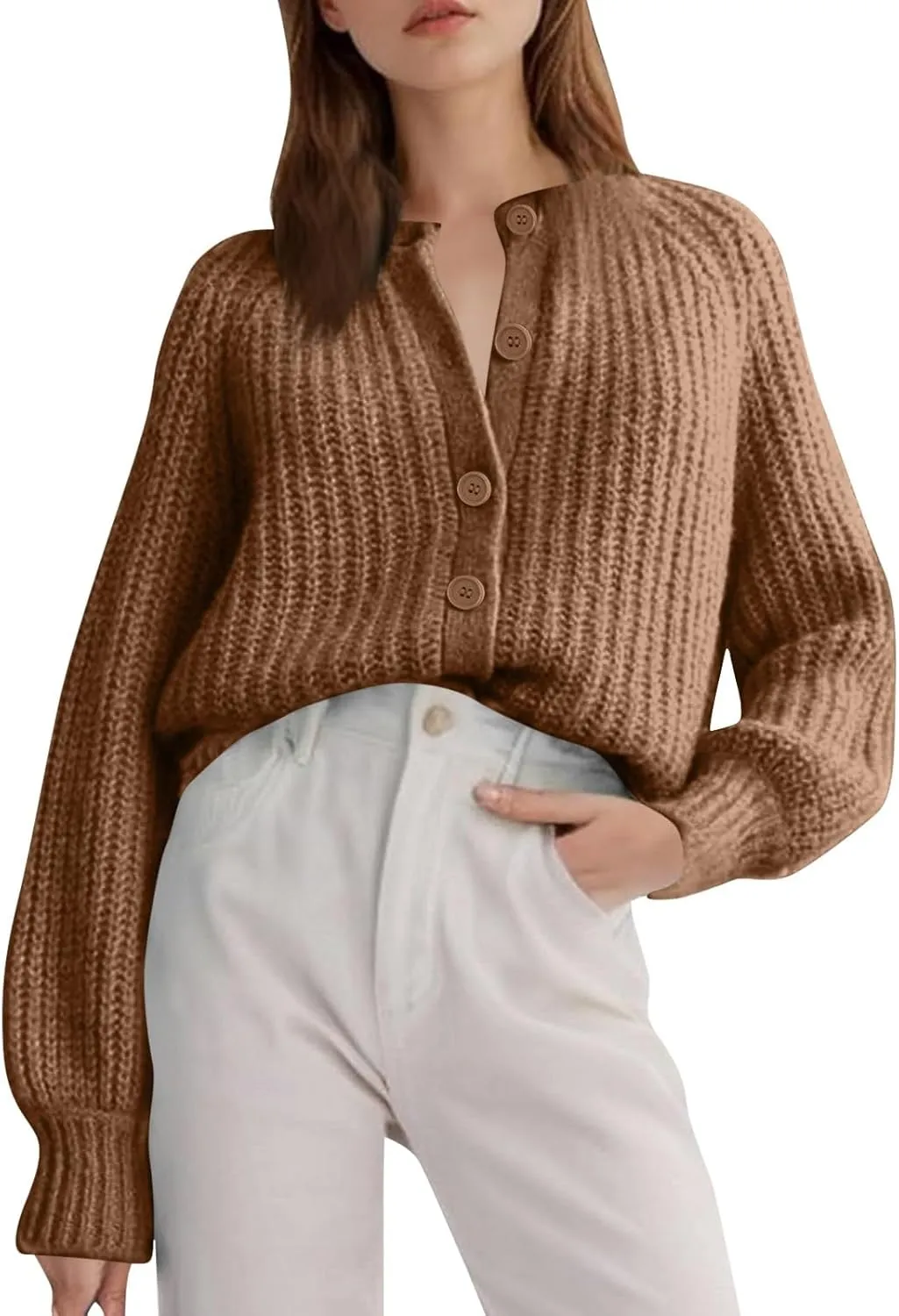 Cardigan Sweaters for Women Long Sleeve Button Chunky Knit Sweater Fall Crew Neck Loose Fit Open Front Cardigan