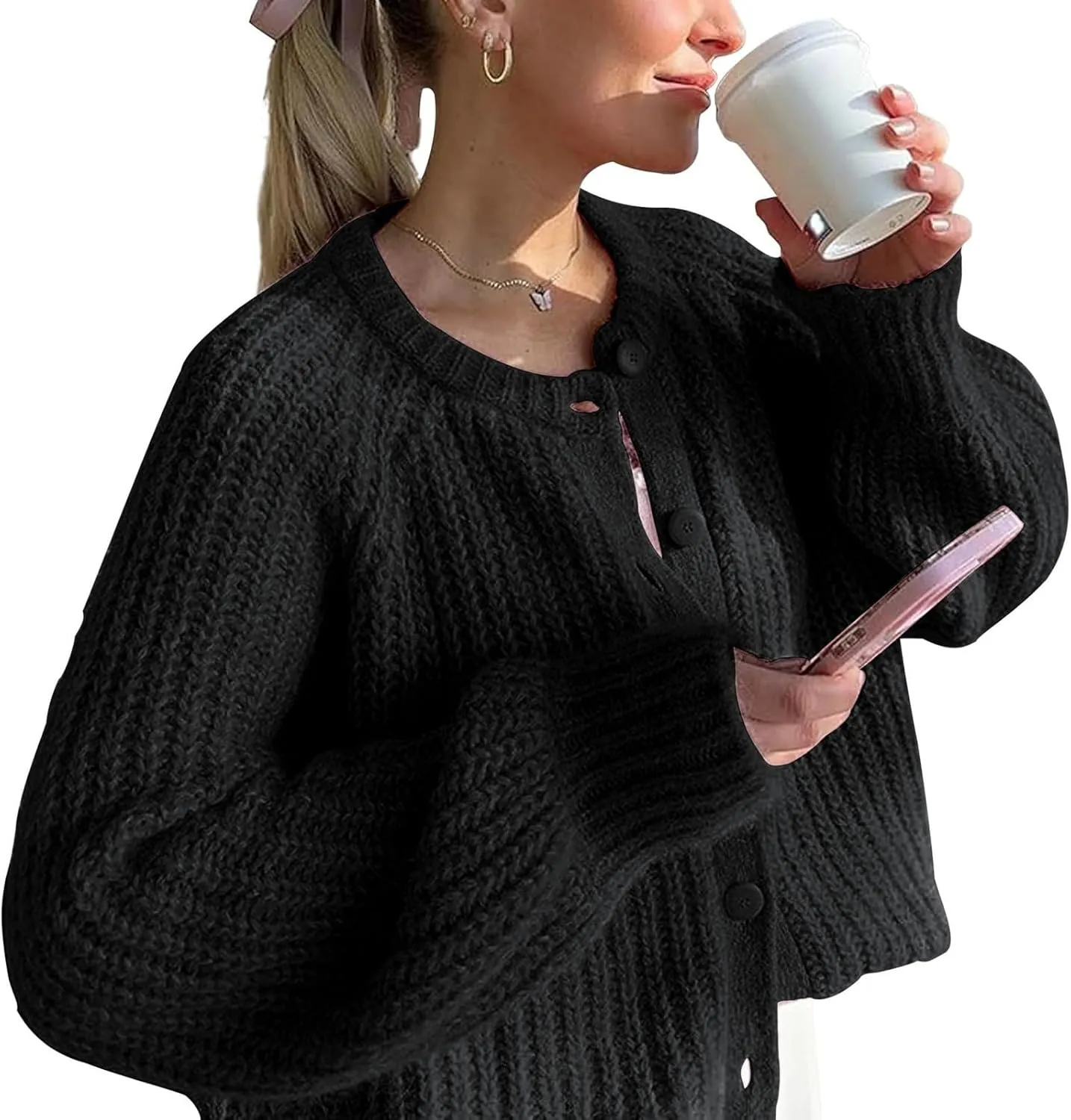 Cardigan Sweaters for Women Long Sleeve Button Open Front Cardigan Fall Crew Neck Loose Fit Chunky Knit Sweater