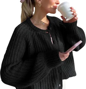 Cardigan Sweaters for Women Long Sleeve Button Open Front Cardigan Fall Crew Neck Loose Fit Chunky Knit Sweater