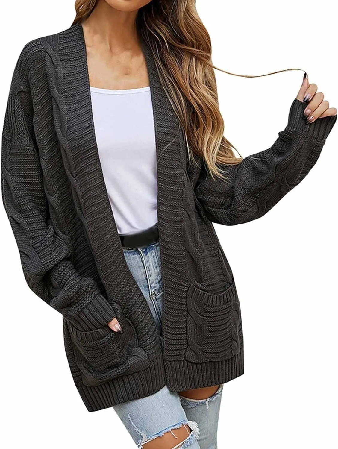 Cardigan Sweaters for Women Long Sleeve Open Front Cable Knit Cardigans with Pockets Dressy Casual Cozy Sweater Coats