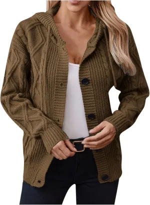 Cardigan Sweaters For Women Soft Chunky Button Down Hooded Sweater Fashion Cable Knit Open Front Cardigans Drawstring