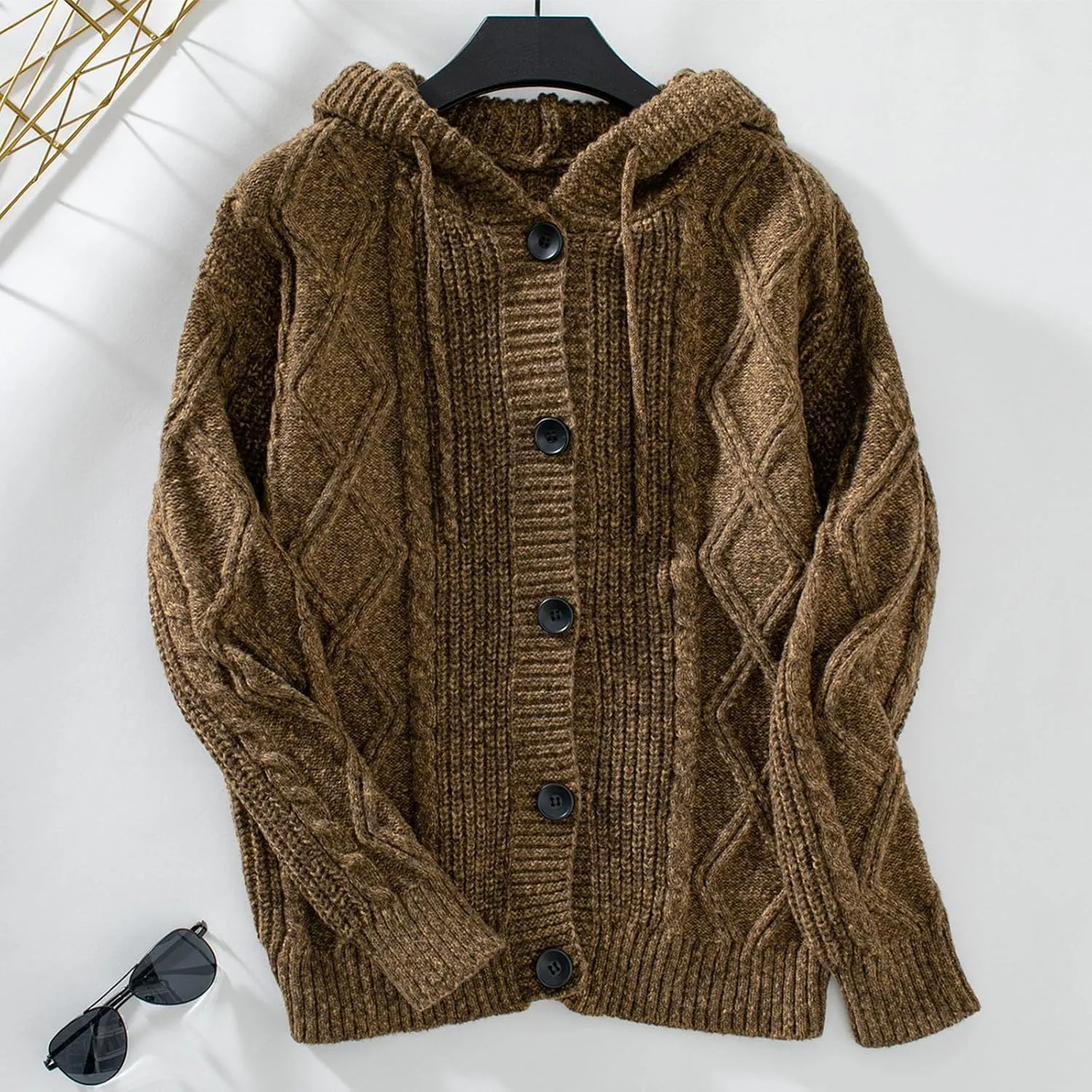 Cardigan Sweaters For Women Soft Chunky Button Down Hooded Sweater Fashion Cable Knit Open Front Cardigans Drawstring