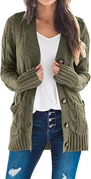 Cardigan Sweaters for Women Trendy Button Down Cable Knit Chunky Coat Fashion Open Front Outwear with Pockets