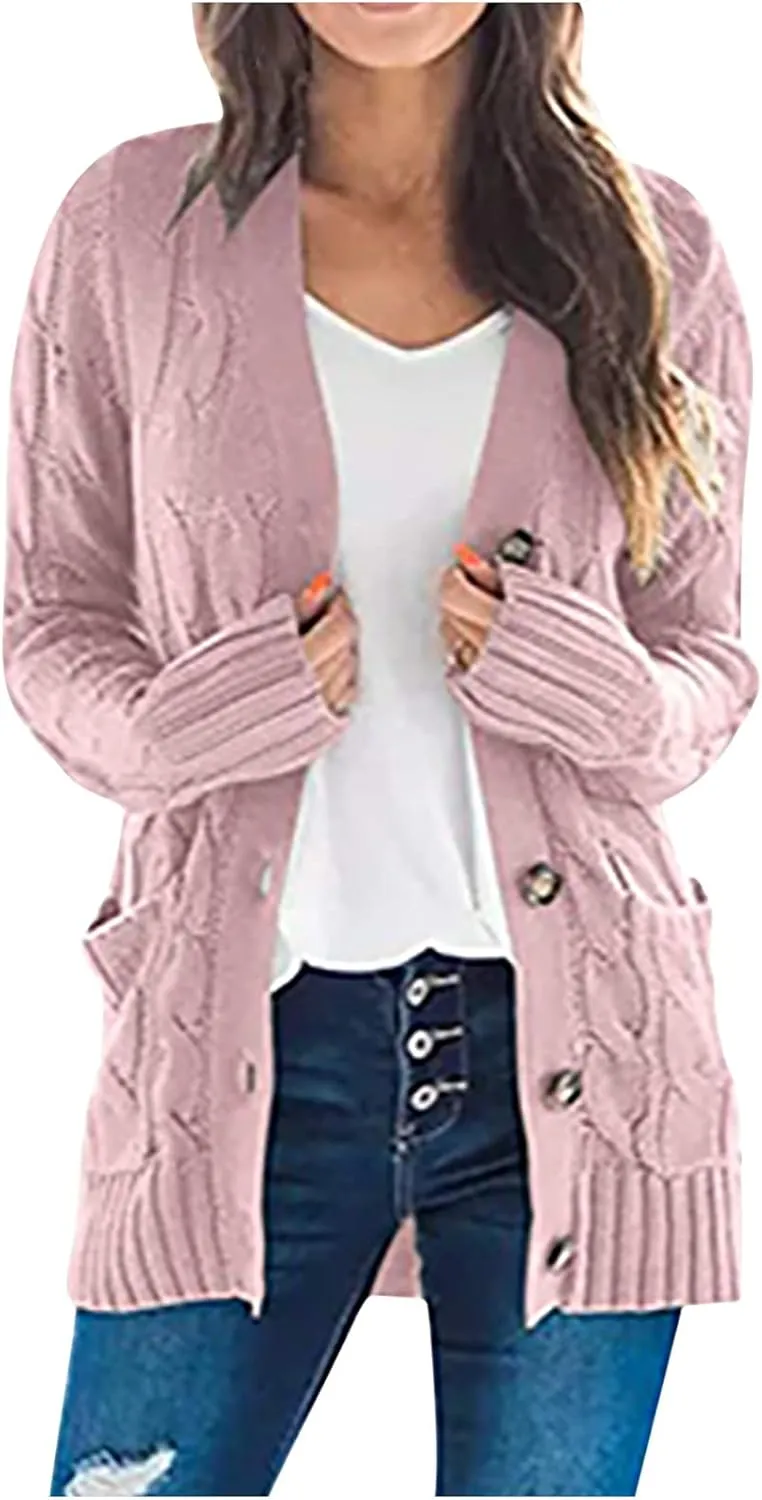 Cardigan Sweaters for Women Trendy Button Down Cable Knit Chunky Coat Fashion Open Front Outwear with Pockets
