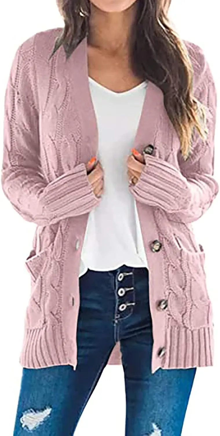 Cardigan Sweaters for Women Trendy Button Down Cable Knit Chunky Coat Fashion Open Front Outwear with Pockets