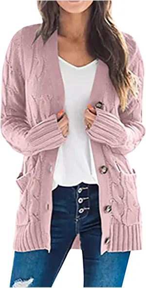 Cardigan Sweaters for Women Trendy Button Down Cable Knit Chunky Coat Fashion Open Front Outwear with Pockets
