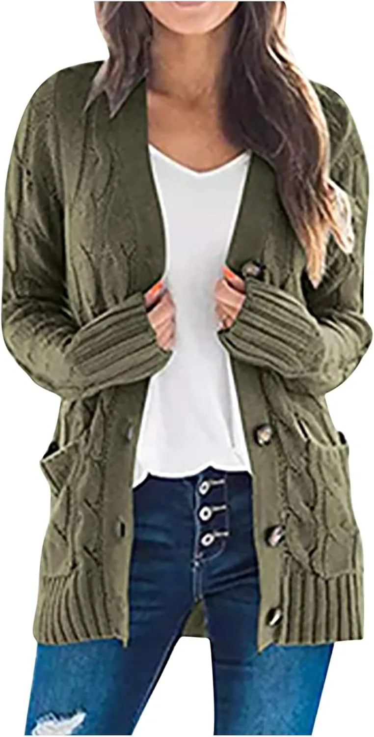 Cardigan Sweaters for Women Trendy Button Down Cable Knit Chunky Coat Fashion Open Front Outwear with Pockets