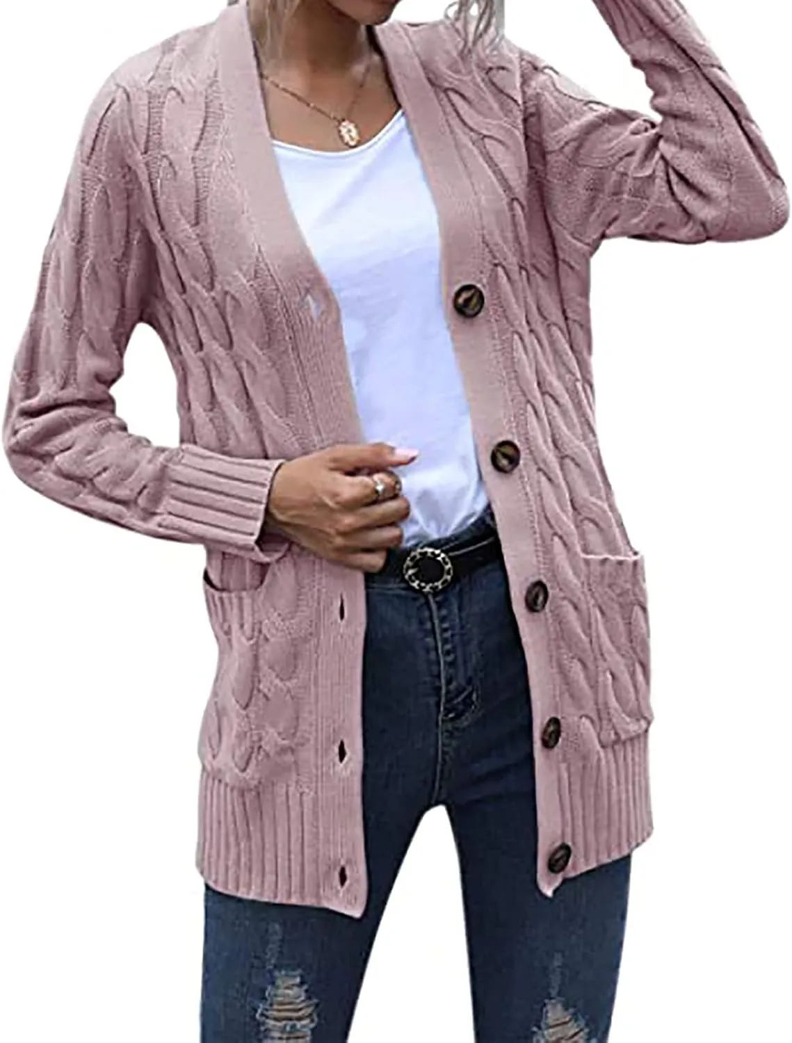 Cardigan Sweaters for Women Trendy Button Down Cable Knit Chunky Coat Fashion Open Front Outwear with Pockets
