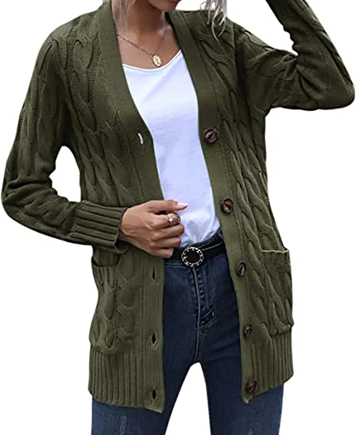Cardigan Sweaters for Women Trendy Button Down Cable Knit Chunky Coat Fashion Open Front Outwear with Pockets