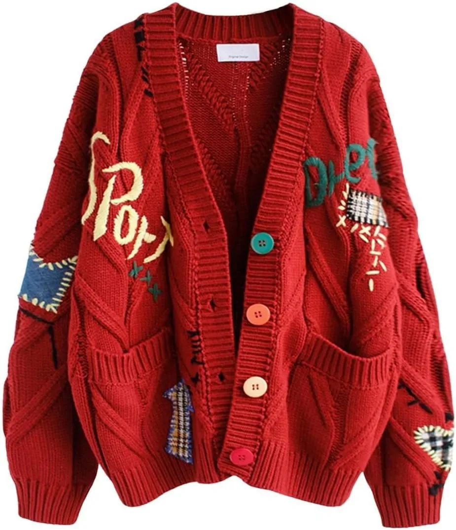 Cardigan Sweaters for Women Trendy Chunky Cable Knit Sweater V-Neck Button Down Sweaters Embroidery Open Front Coat