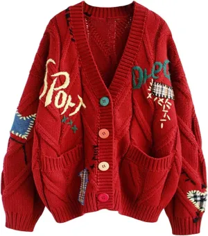 Cardigan Sweaters for Women Trendy Chunky Cable Knit Sweater V-Neck Button Down Sweaters Embroidery Open Front Coat