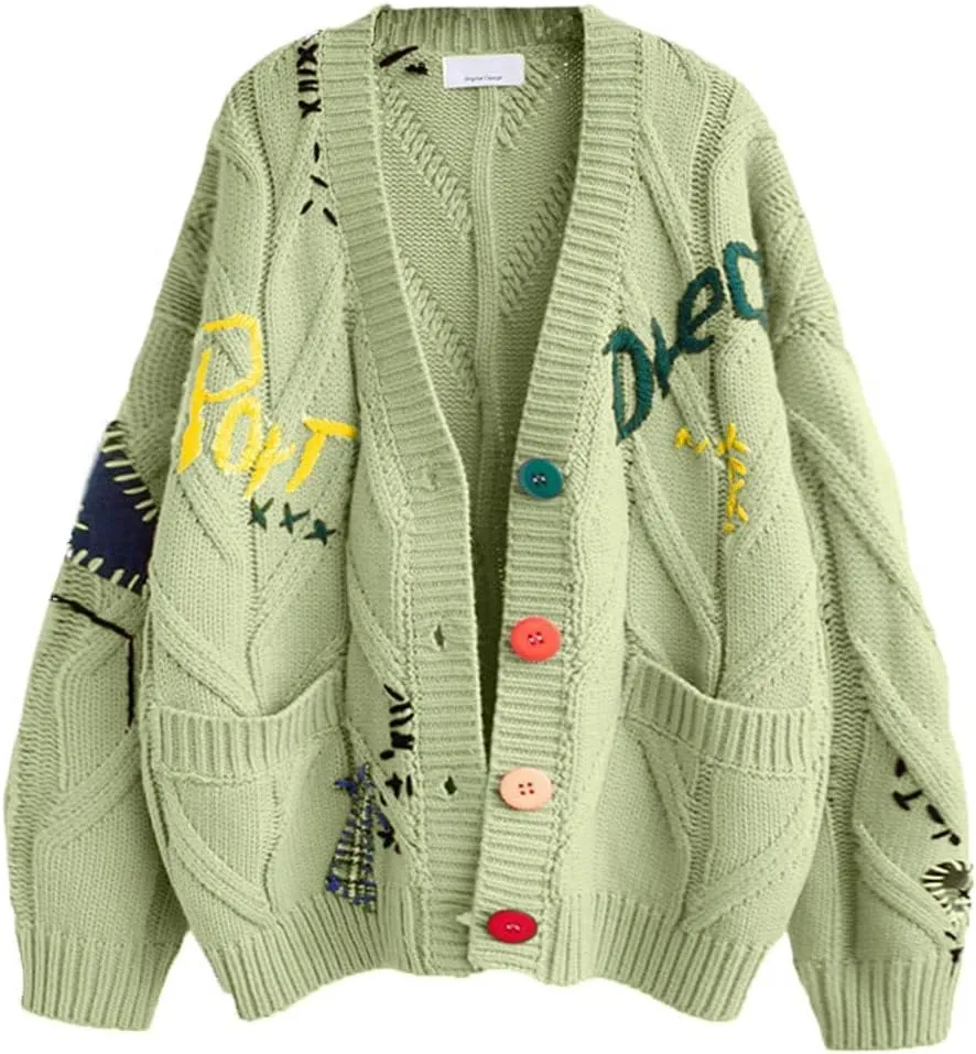 Cardigan Sweaters for Women Trendy Chunky Cable Knit Sweater V-Neck Button Down Sweaters Embroidery Open Front Coat