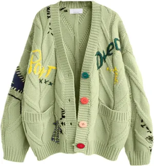 Cardigan Sweaters for Women Trendy Chunky Cable Knit Sweater V-Neck Button Down Sweaters Embroidery Open Front Coat