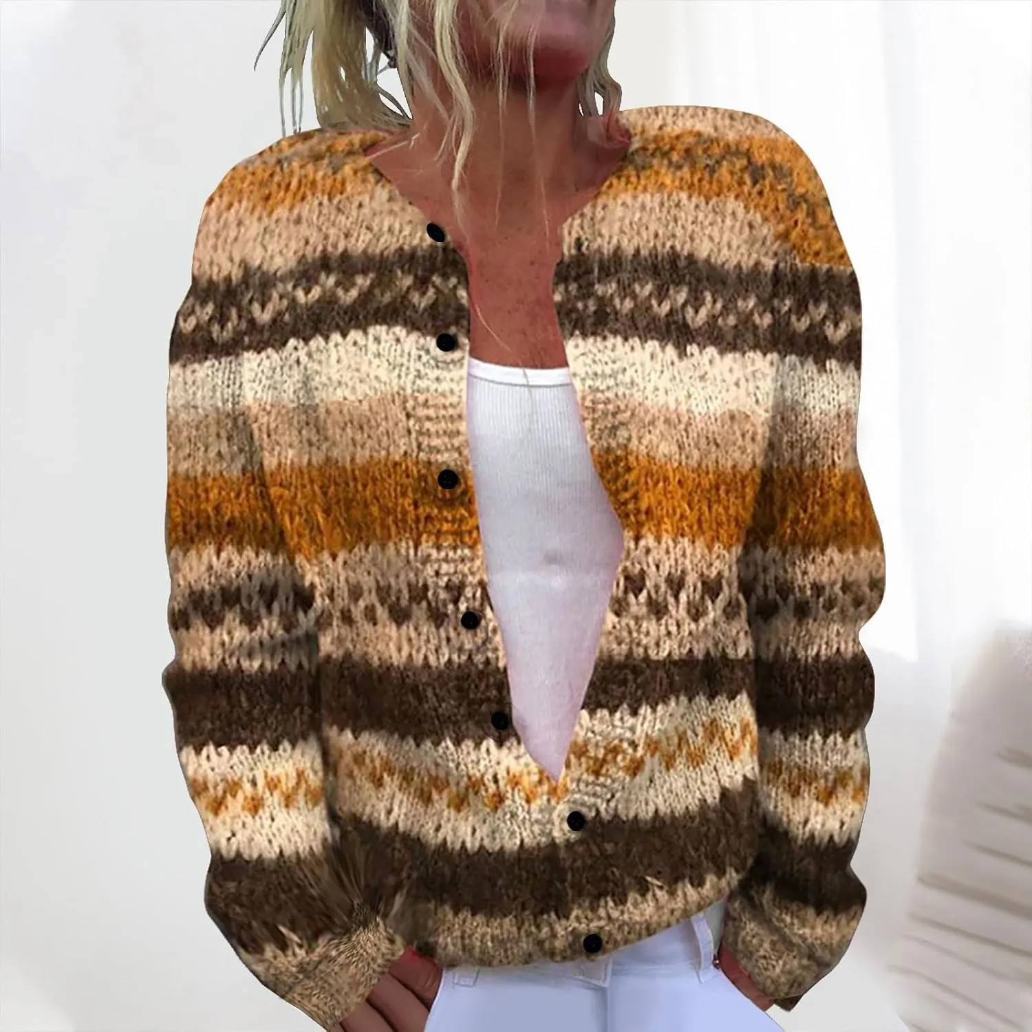 Cardigan Sweaters for Women Trendy Color Block Chunky Knit Open Front Cardigan Casual Button Down Long Sleeve Jacket