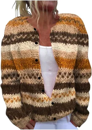 Cardigan Sweaters for Women Trendy Color Block Chunky Knit Open Front Cardigan Casual Button Down Long Sleeve Jacket