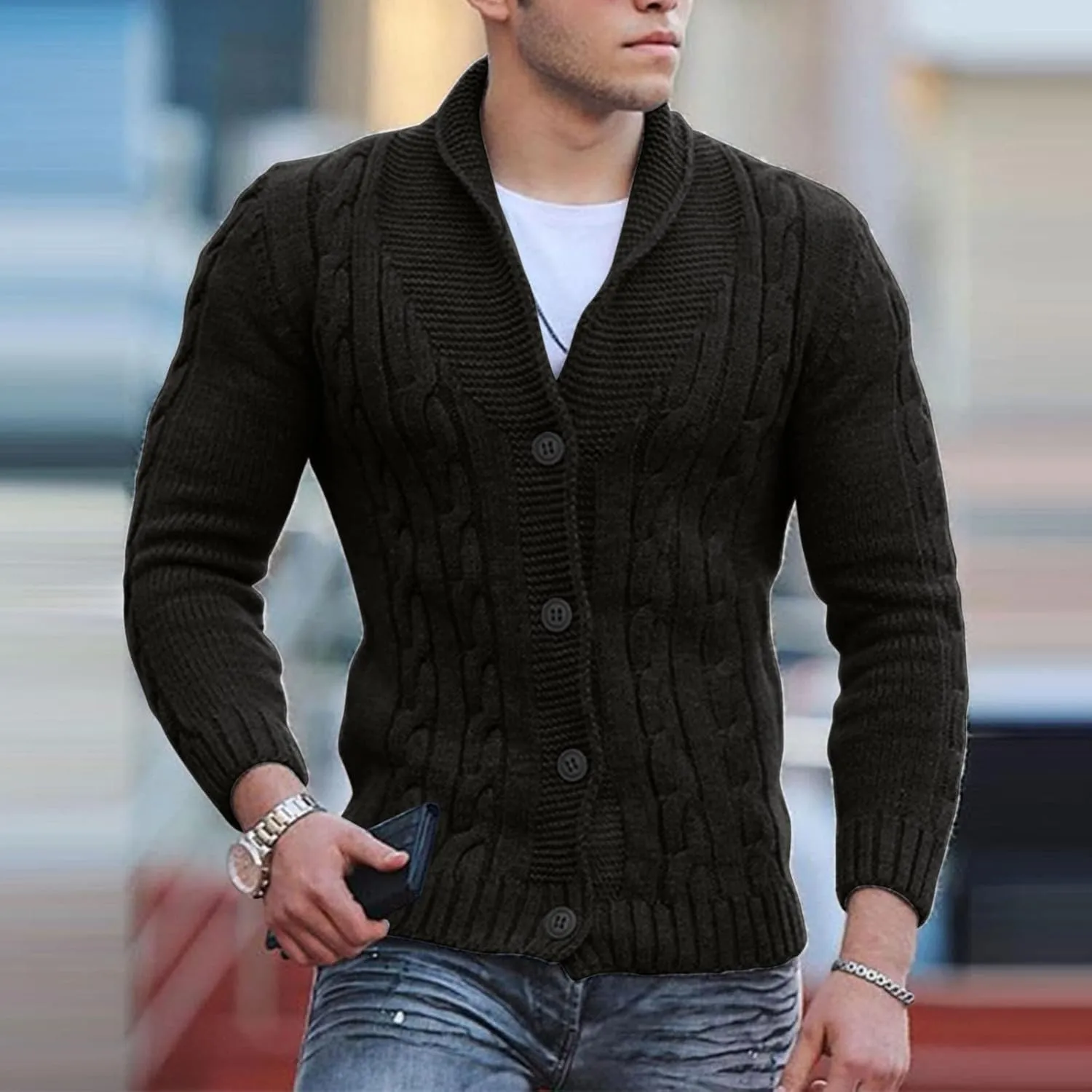 Cardigans for Men, Cardigan Sweaters for Men Shawl Collar with Buttons Knitted Long Sleeve Slim Fit Lightweight Soft Sweaters