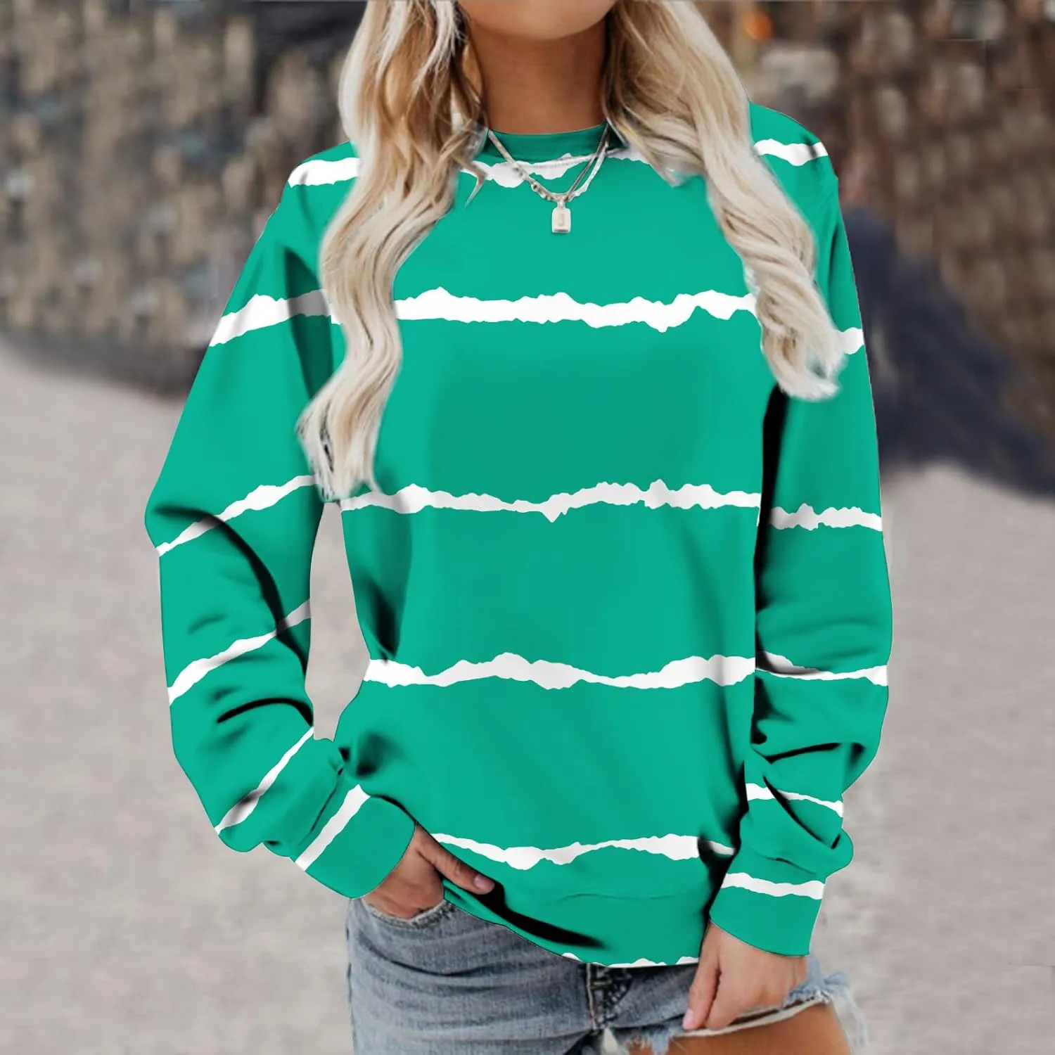 Ceboyel Womens Long Sleeve Shirts Striped Print Sweatshirt Crewneck Pullover Tops Trendy Casual Fall Clothes 2023