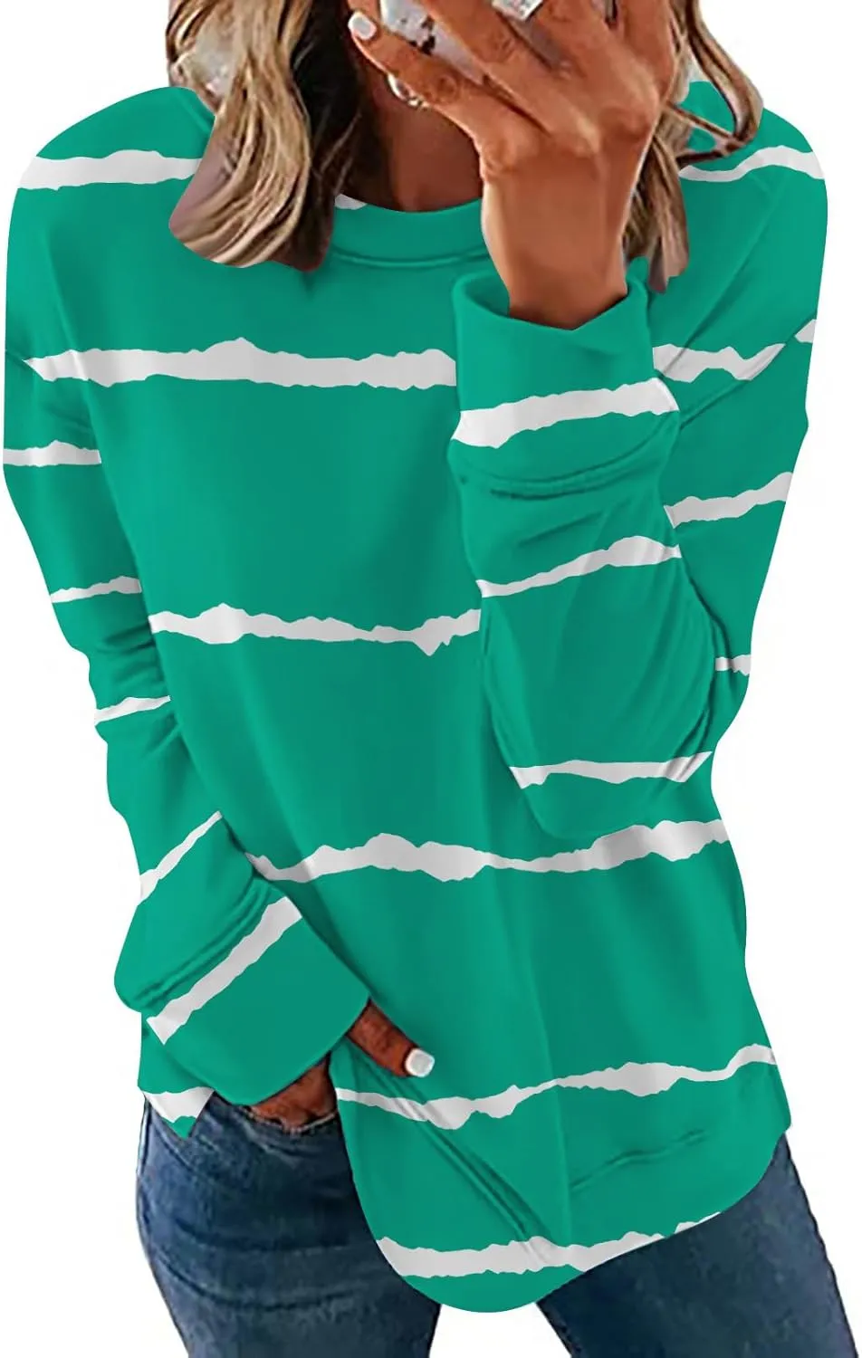 Ceboyel Womens Long Sleeve Shirts Striped Print Sweatshirt Crewneck Pullover Tops Trendy Casual Fall Clothes 2023