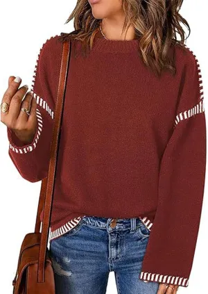 CHARTOU Women Oversized Cable Knit Sweater Long Sleeve Crewneck Knitted Sweater Pullover Jumper Top