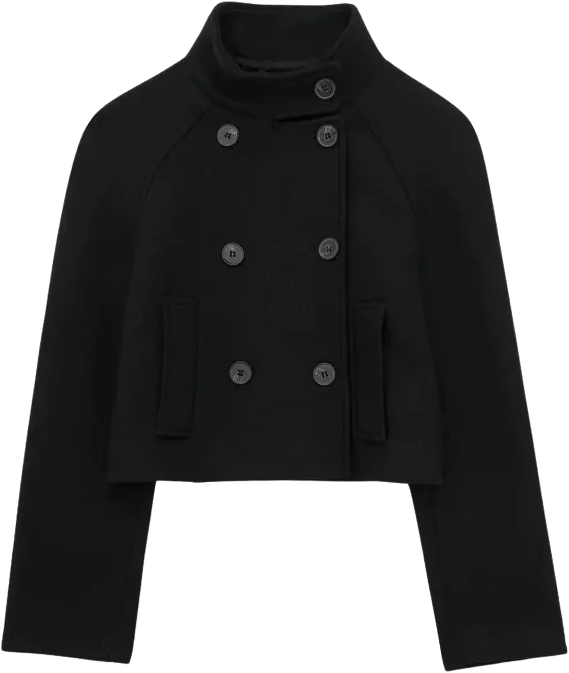 CHARTOU Women's Double-Breasted Stand Collar Cropped Trench Pea Coat Long Sleeve Wool Blend Tweed Jacket Fall
