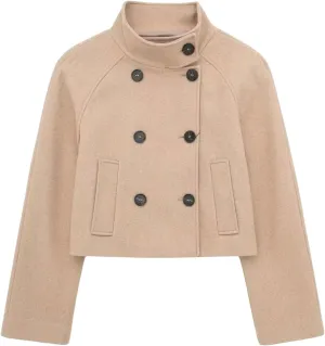 CHARTOU Women's Double-Breasted Stand Collar Cropped Trench Pea Coat Long Sleeve Wool Blend Tweed Jacket Fall