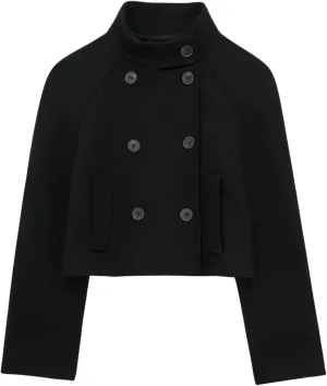 CHARTOU Women's Double-Breasted Stand Collar Cropped Trench Pea Coat Long Sleeve Wool Blend Tweed Jacket Fall