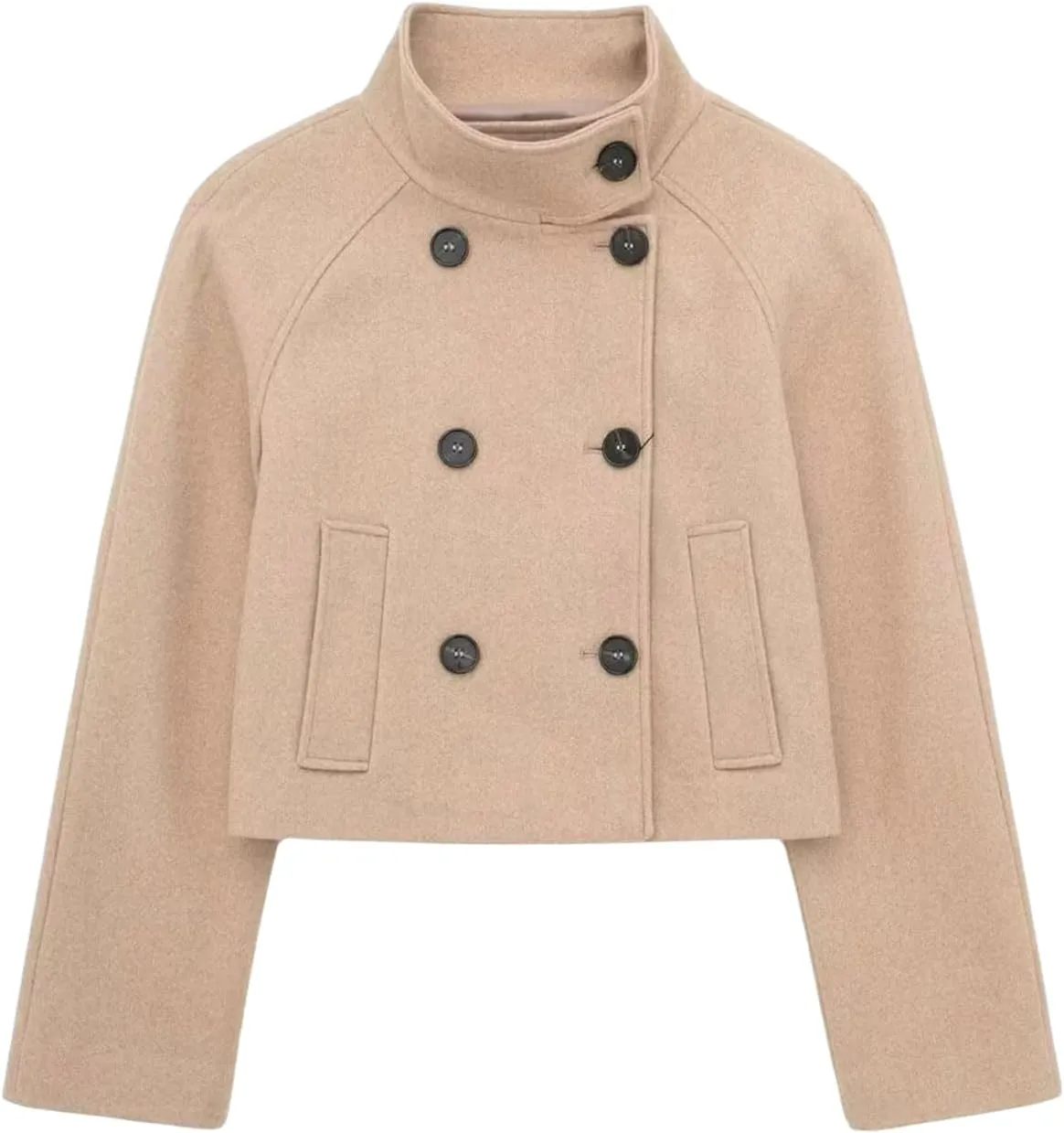 CHARTOU Women's Double-Breasted Stand Collar Cropped Trench Pea Coat Long Sleeve Wool Blend Tweed Jacket Fall