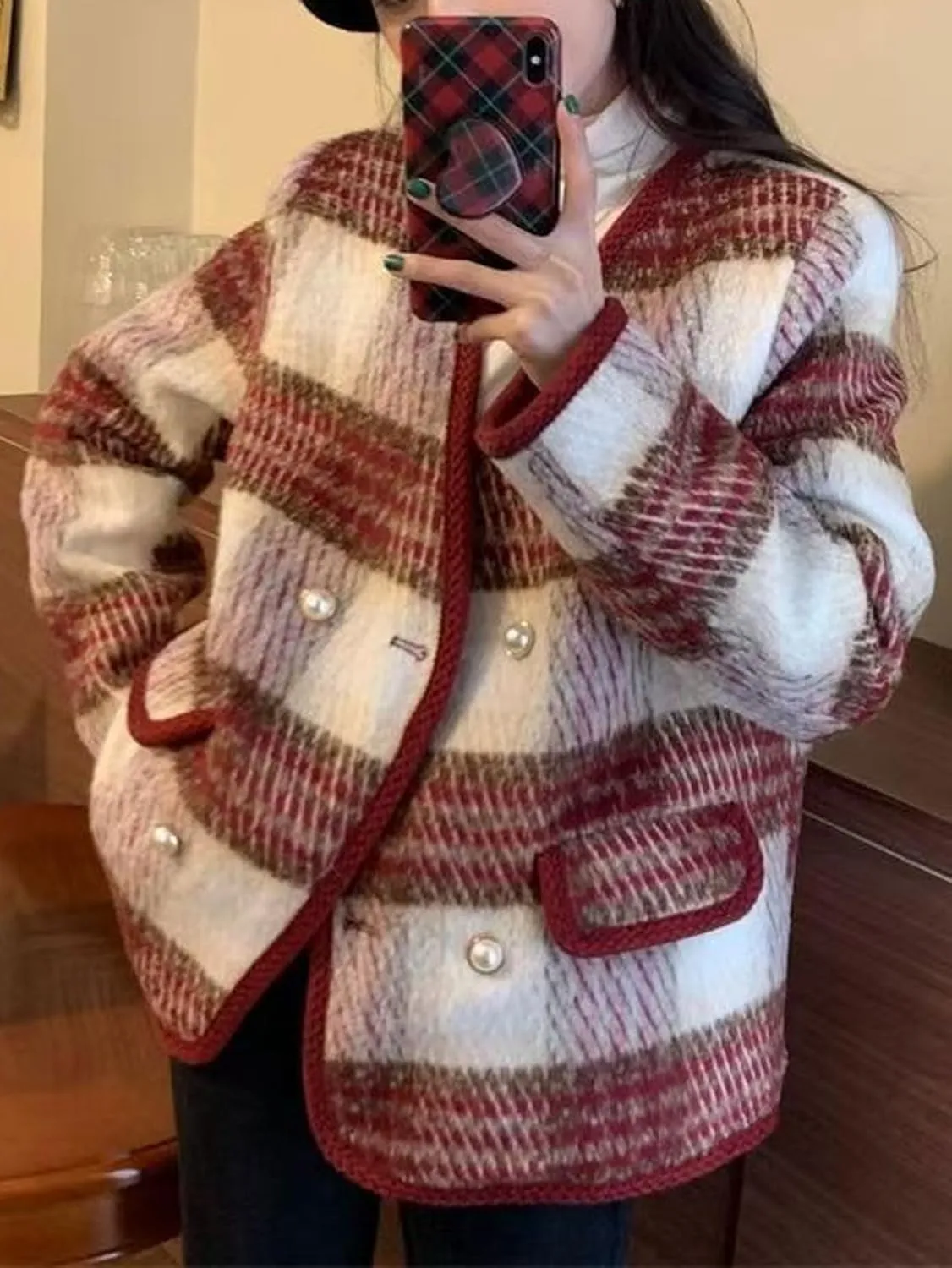 CHARTOU Women's Dressy Plaid Tweed Cropped Pea Coat Jacket Lady Double Breasted Wool Blend Over Coat Elegant