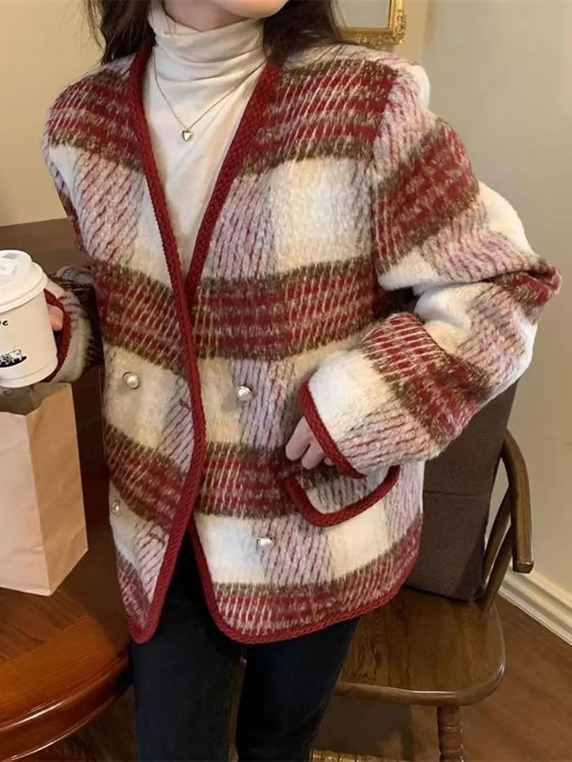 CHARTOU Women's Dressy Plaid Tweed Cropped Pea Coat Jacket Lady Double Breasted Wool Blend Over Coat Elegant