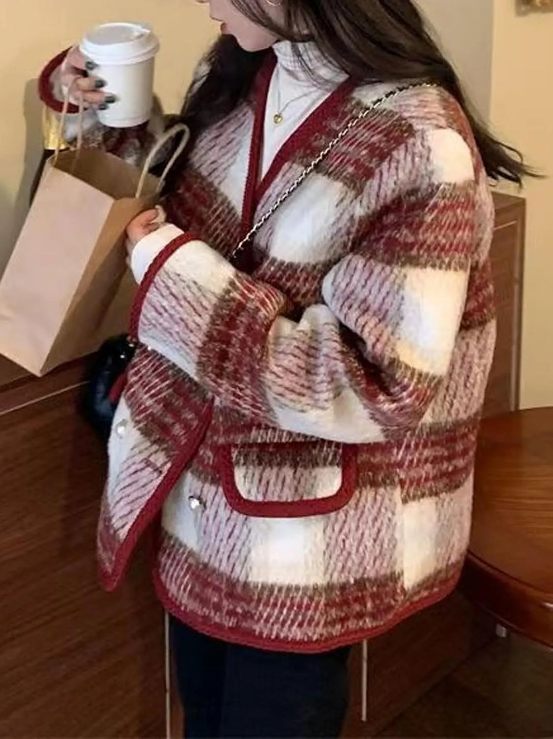 CHARTOU Women's Dressy Plaid Tweed Cropped Pea Coat Jacket Lady Double Breasted Wool Blend Over Coat Elegant