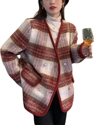 CHARTOU Women's Dressy Plaid Tweed Cropped Pea Coat Jacket Lady Double Breasted Wool Blend Over Coat Elegant
