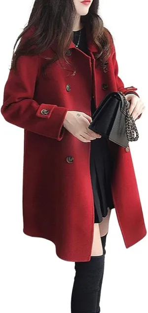 CHARTOU Women's Elegant Double-Breasted Wool Blend Midi-Long Pea Coat Jacket