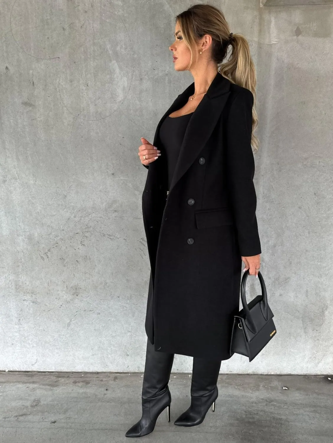 CHARTOU Womens Long Wool Pea Coats Notched Lapel Double Breasted Warm Jacket Wool Blend Trench Coat Overcoat with Pockets