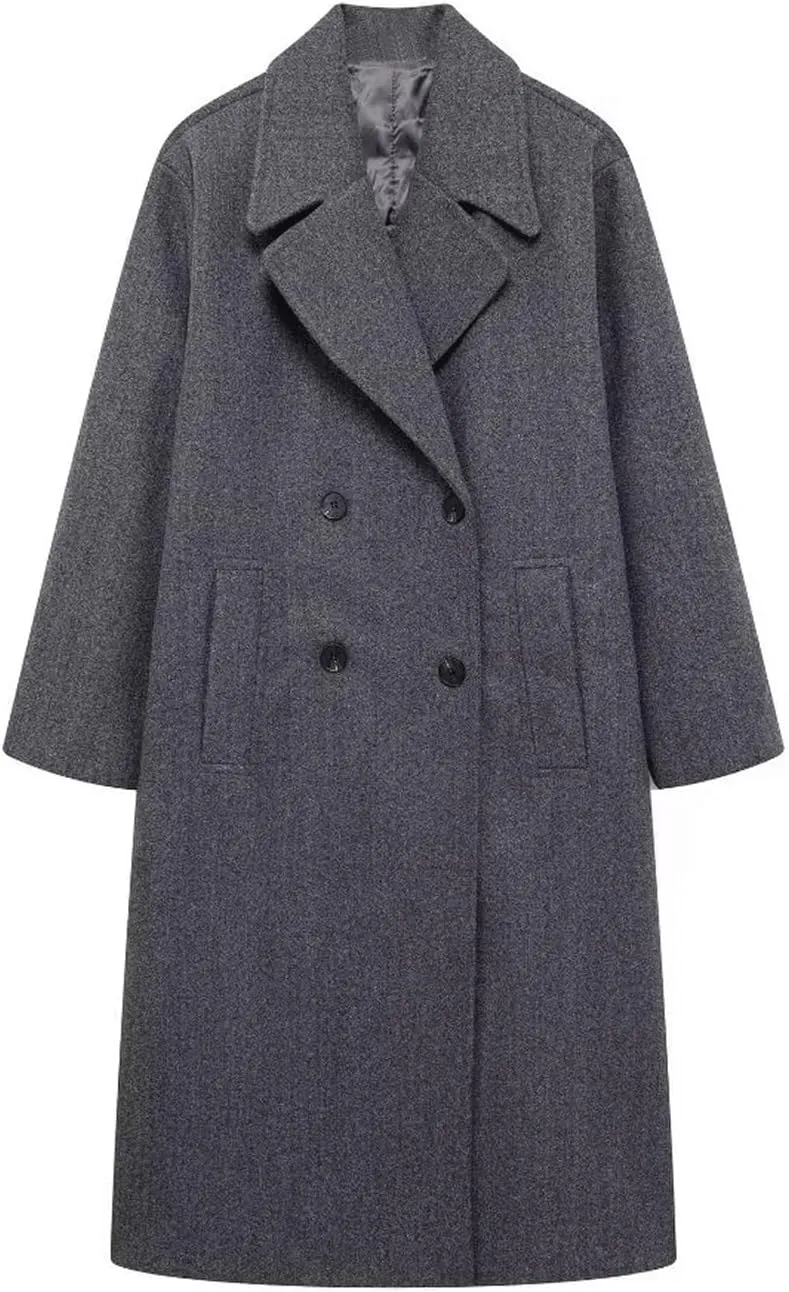 CHARTOU Women's Winter Double Breasted Tweed Pea Coat Trench Oversized Notch Lapel Long Jacket Overcoat Warm