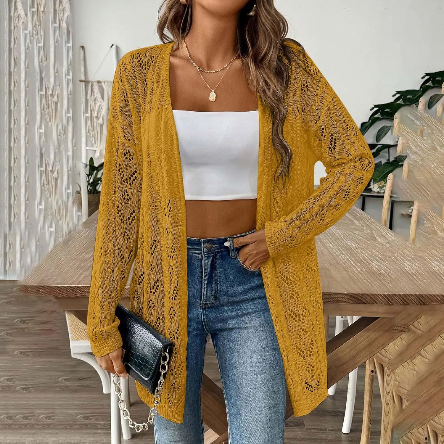 Chic Cable Knit Cardigan for Womens Open Front Cardigan Sweaters Fashion Crochet Cable Knit Chunky Outwear Coats