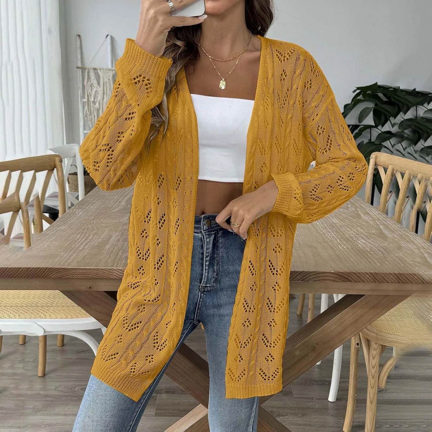Chic Cable Knit Cardigan for Womens Open Front Cardigan Sweaters Fashion Crochet Cable Knit Chunky Outwear Coats
