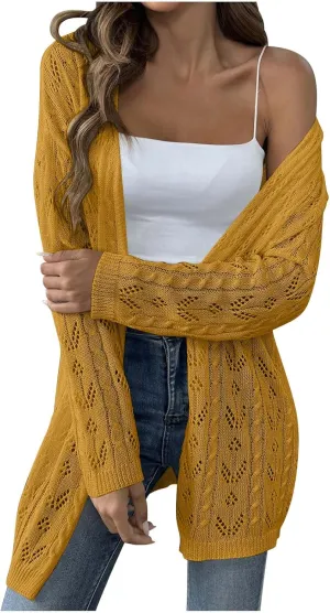 Chic Cable Knit Cardigan for Womens Open Front Cardigan Sweaters Fashion Crochet Cable Knit Chunky Outwear Coats
