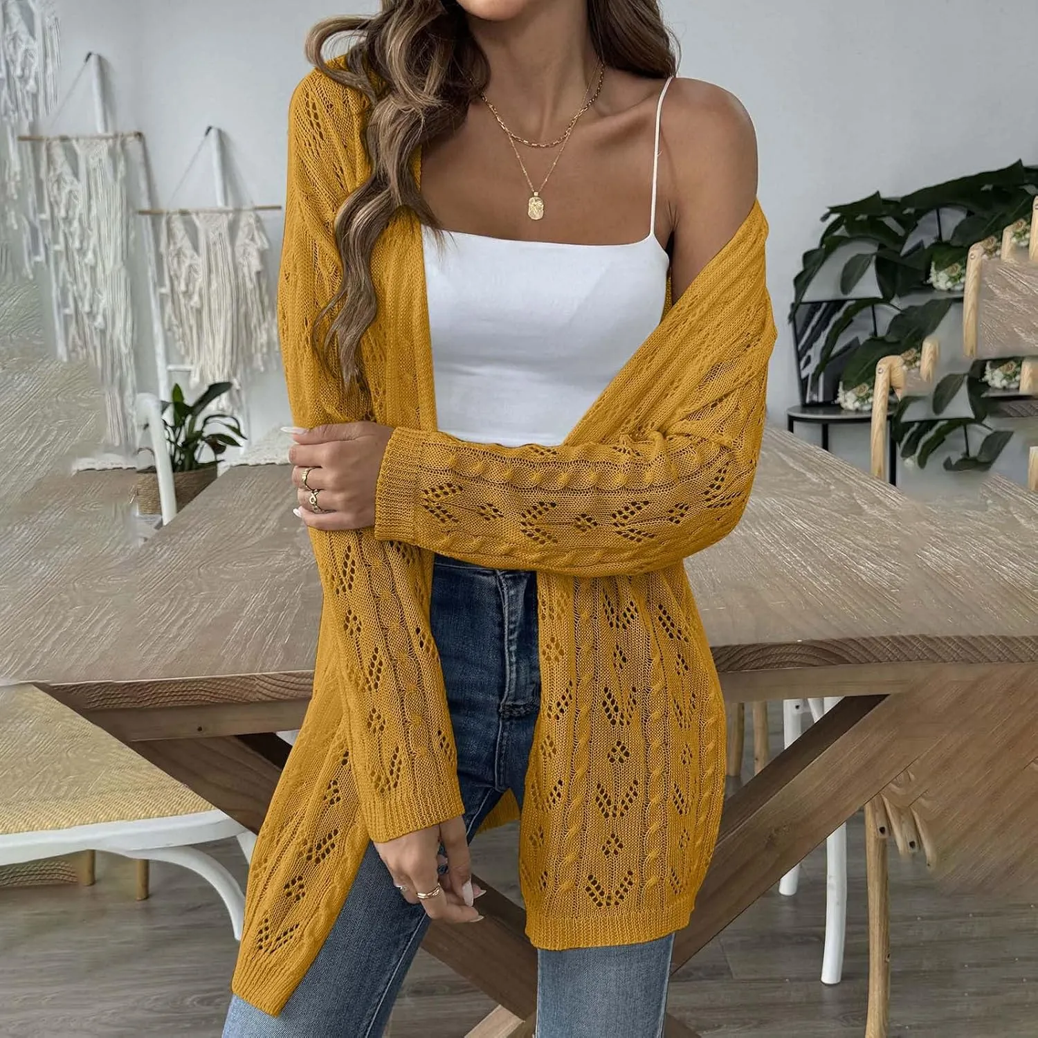 Chic Cable Knit Cardigan for Womens Open Front Cardigan Sweaters Fashion Crochet Cable Knit Chunky Outwear Coats