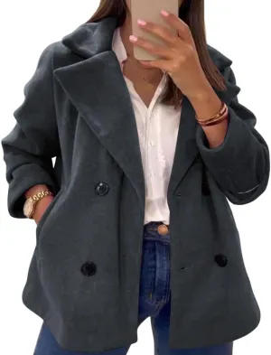 chouyatou Women's Elegant Lapel Double Breasted Wool Blend Overcoat Short Wool Pea Coat with Pockets