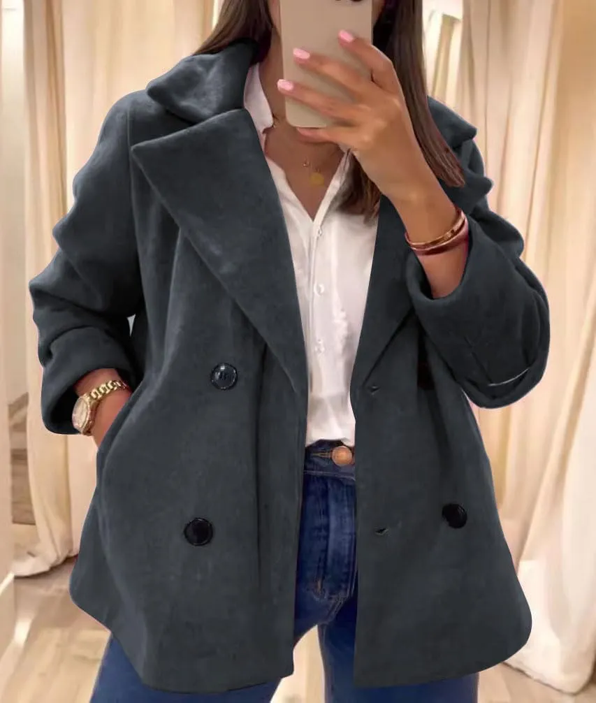 chouyatou Women's Elegant Lapel Double Breasted Wool Blend Overcoat Short Wool Pea Coat with Pockets