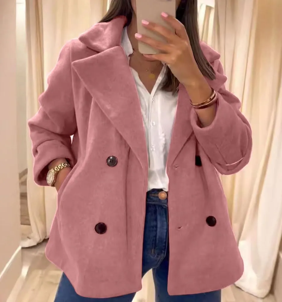 chouyatou Women's Elegant Lapel Double Breasted Wool Blend Overcoat Short Wool Pea Coat with Pockets