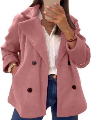 chouyatou Women's Elegant Lapel Double Breasted Wool Blend Overcoat Short Wool Pea Coat with Pockets