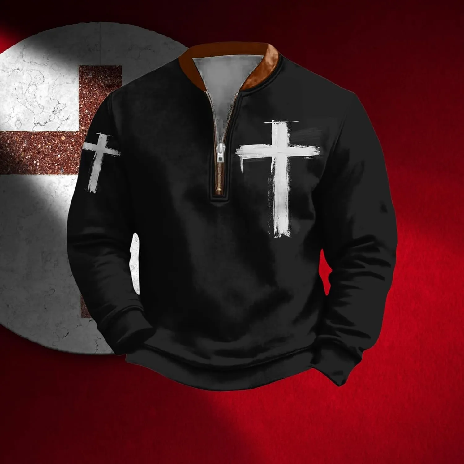 Christian Sweatshirts for Men 1/4 Zip Jacket Jesus Cross Graphic Print Pullover Sweatshirt Vintage Fashion Tops
