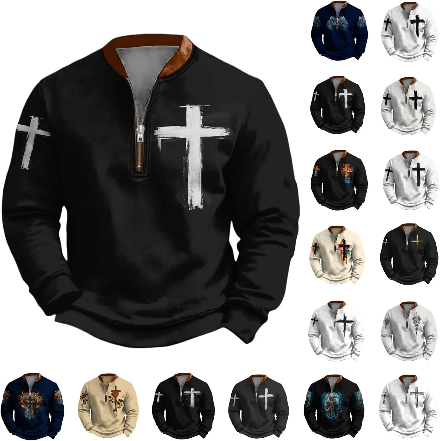 Christian Sweatshirts for Men 1/4 Zip Jacket Jesus Cross Graphic Print Pullover Sweatshirt Vintage Fashion Tops