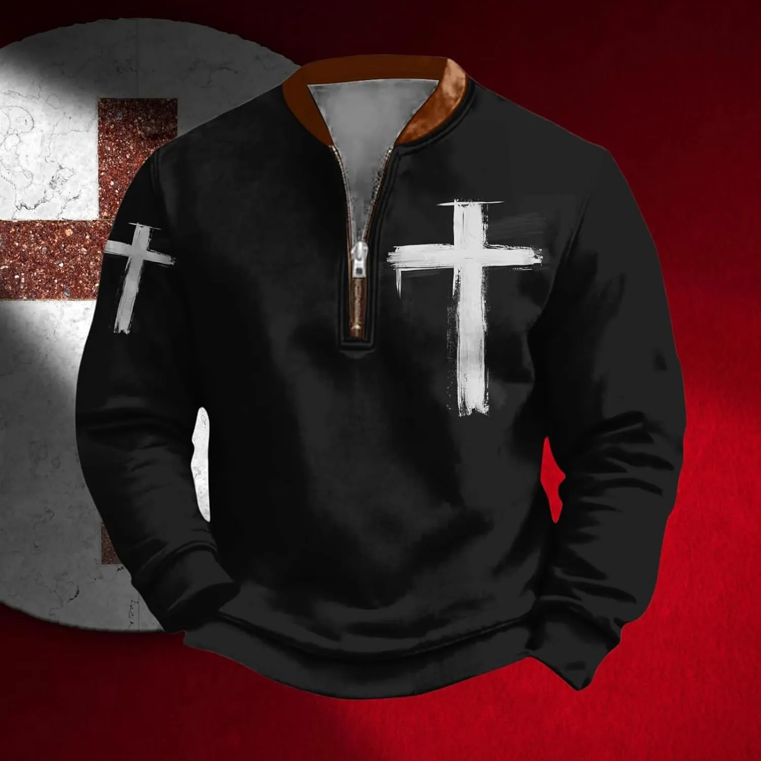 Christian Sweatshirts for Men 1/4 Zip Jacket Jesus Cross Graphic Print Pullover Sweatshirt Vintage Fashion Tops