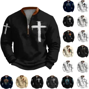 Christian Sweatshirts for Men 1/4 Zip Jacket Jesus Cross Graphic Print Pullover Sweatshirt Vintage Fashion Tops