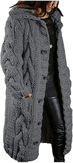 Chunky Cute Sweaters for Women Button Down Solid Color 2023 with Hood Long Pockets Plus Size Cable Knit Work Cardigan
