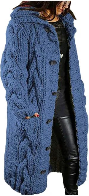 Chunky Cute Sweaters for Women Button Down Solid Color 2023 with Hood Long Pockets Plus Size Cable Knit Work Cardigan